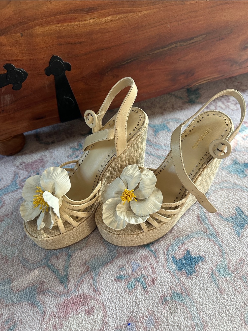 Larroude Beige Floral Wedge Sandals with Platform Heel